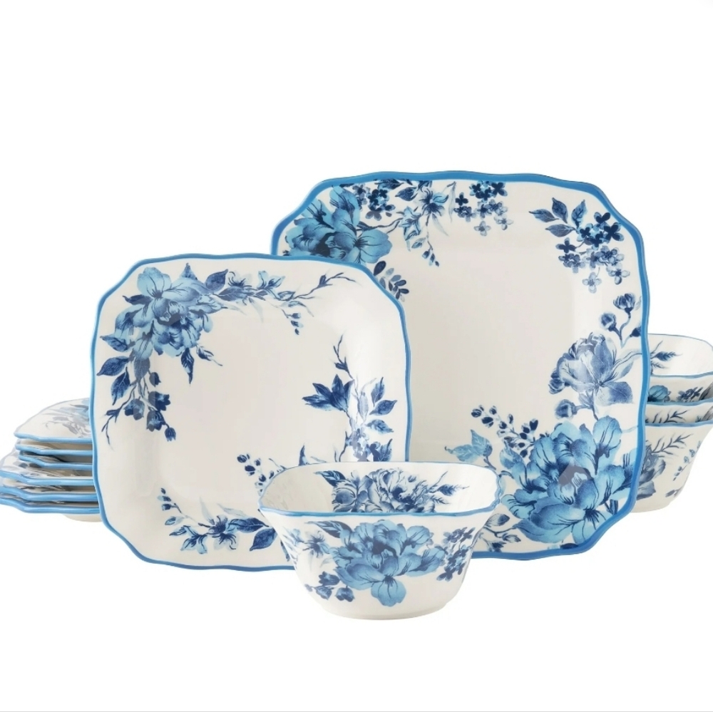 💕 12 Piece Set New 2025 The Pioneer Woman Delilah Blue Dinnerware Set